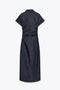 Retro Deep Blue Fold Women Denim Maxi Dress Fashion Short Sleeve V Neck Button Slim Fit Long Dresses Lady New Commute Chic Robes