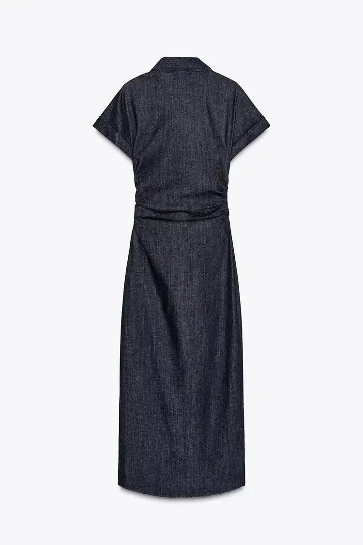 Retro Deep Blue Fold Women Denim Maxi Dress Fashion Short Sleeve V Neck Button Slim Fit Long Dresses Lady New Commute Chic Robes