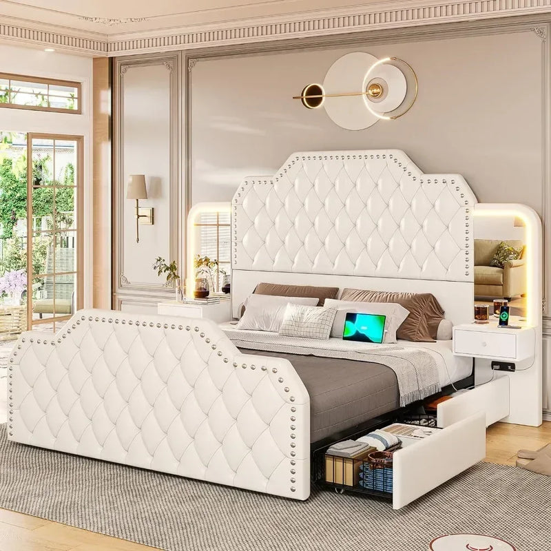 Queen Size 53” Tall Platform Bed Frame with 4 Storage Drawers Built in Charging Station & LED Bedroom White Headboards Under Bed