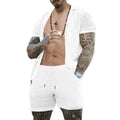 Men's Fashion Set Summer Little Hole Fabric Turn-down Neck Casual Solid Color Suit Male High-Quality Two-Piece Set US Size
