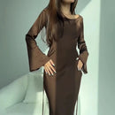 Fashionable new round neck long sleeved lace up solid color elegant waist cinching dress