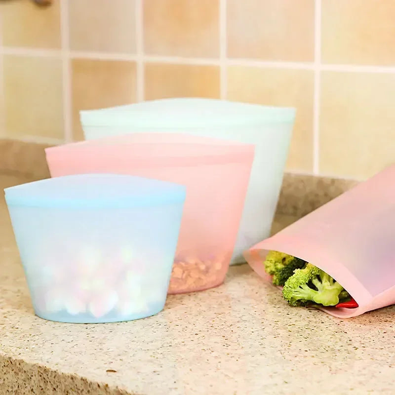 Thickened Fresh-keeping Silicone Food Storage Bag Three Color Double Gauge Zipper Reusable Zip lock Bag Kitchen Food organizer