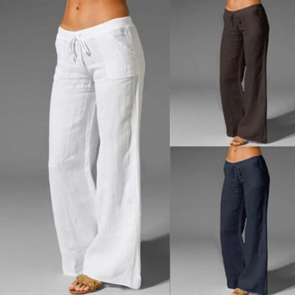 Women Pants Solid Color Pockets Drawstring Elastic Wide Leg Pants Long Yoga Trousers