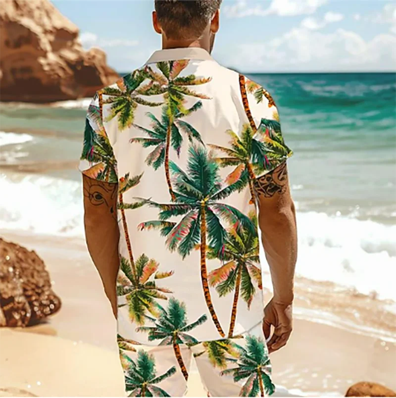 Palm Tree Tropical Men's Degree 3D Printed Hawaiian Shirt and Shorts Set Casual Fashion Short Sleeve Shirt Set