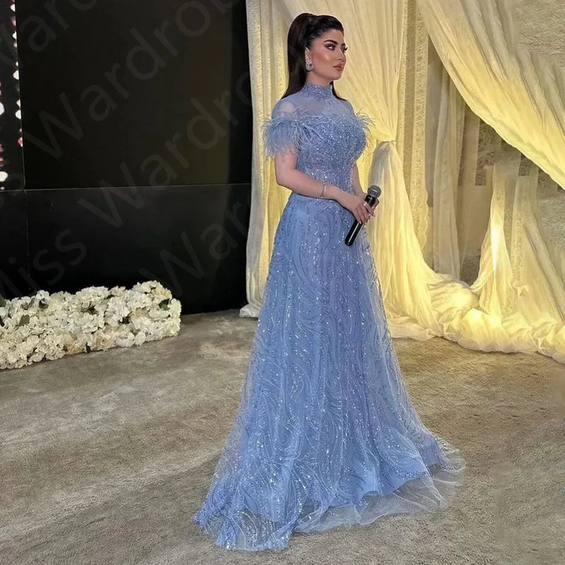 Customized Sparkling Baby Blue Evening Dresses Middle East 2024 Prom Party Gown Short Sleeves Feathers Wedding Guest Gown Sequin