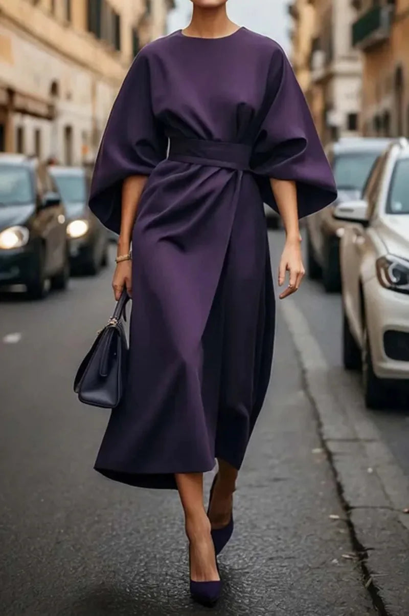 2025 Spring Summer New Women's Fashion Style Elegant Solid Color Waist Dress Casual Bat Sleeve Long Dress Vestidos Para Mujer