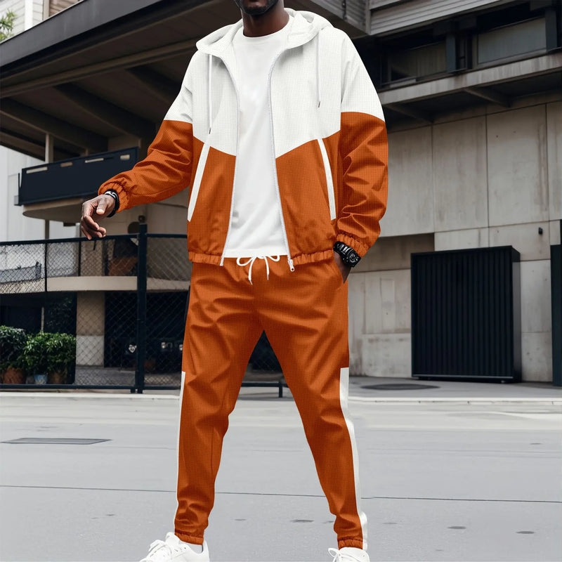 2025 Men's new fashion trend hooded zipper double pocket patchwork color jacket Business casual sports suit