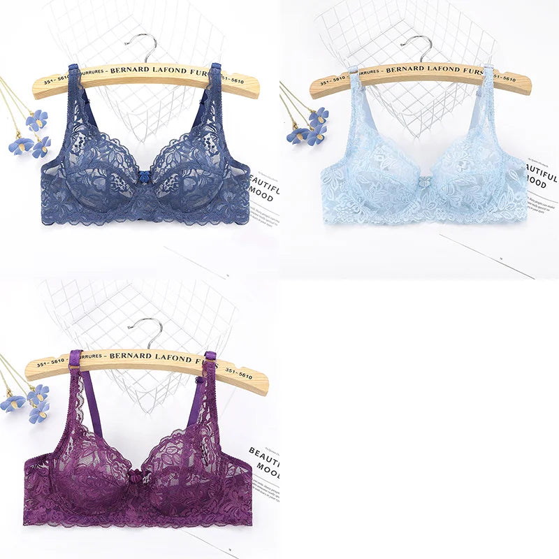 ALLTOOALL 3PC Women Sexy Lace Bras Plus Size Push Up Bralette Female Underwired Underwear Hollow Out Lingerie Embroidery Bra