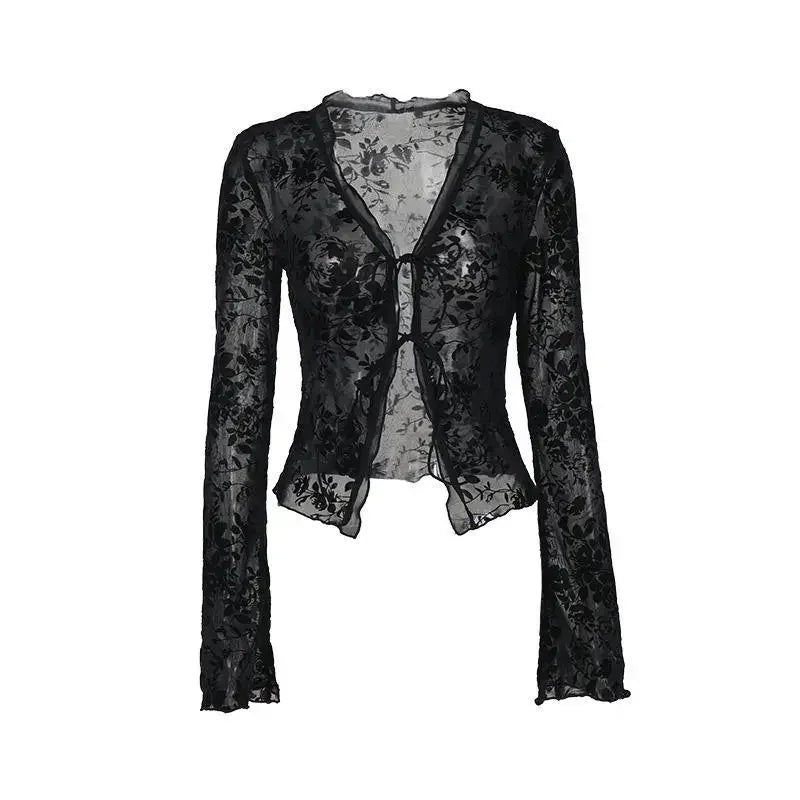 Fashionable Chiffon Blouse Elegant Slim Fit Tweed Style Flare Sleeve Top For Women Autumn 2024 New Arrival Smooths Your Silhouet