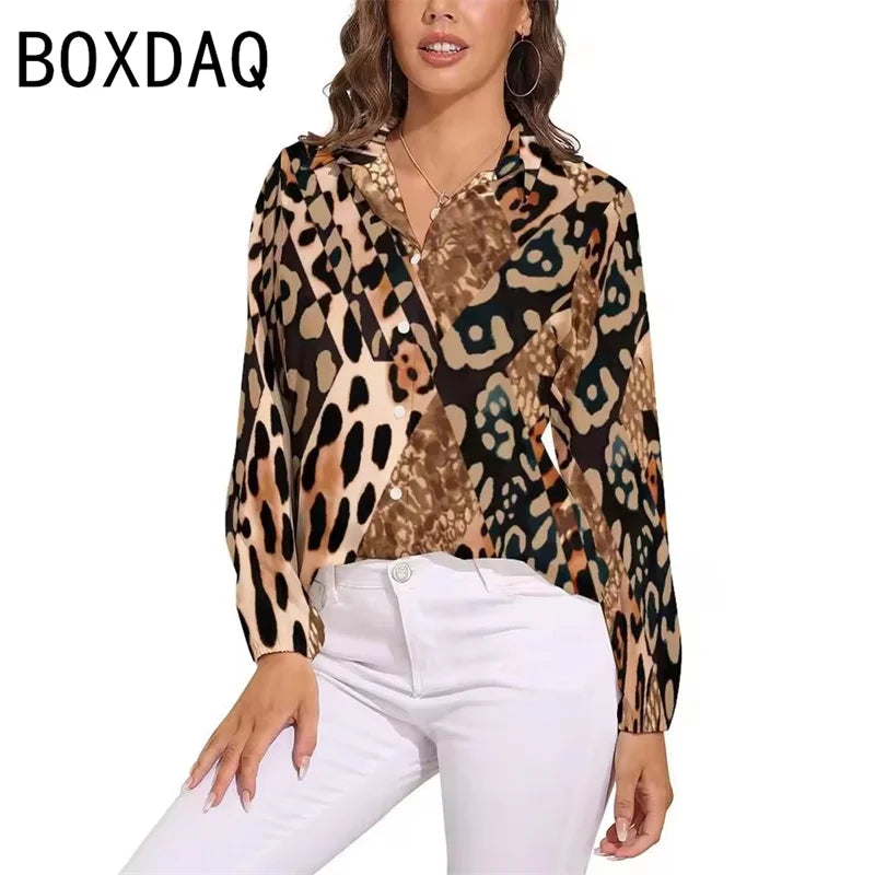Blue Snakeskin Printed Vintage Blouse Oversize Women's Spring Summer Long Sleeve Lapel  Blouses Fashion OL Female Classic Shirt
