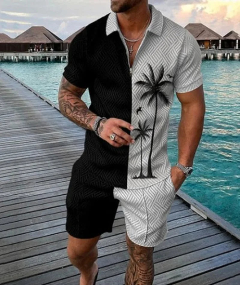 Fashion Summer Men's Tracksuit Short Sleeve Polo Shirt Set Coconut Tree 3D Print Clothing 2 Pieces Casual Suit Streetwear Outfit