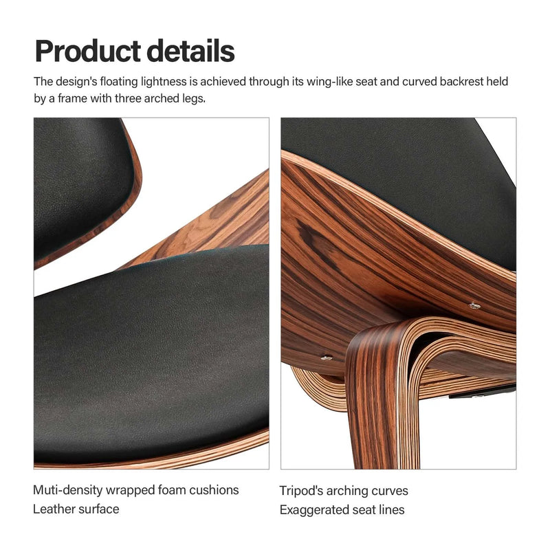 Mid Lounge Replica Solid Wood Three-Legged Shell Chair Ash Plywood Black Faux Leather Living Room Furniture Modern Leisure Chair