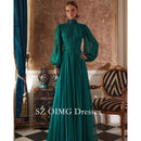 OIMG Gorgeous Fashion High Neck Green Prom Dresses Puff Sleeves Customized Elegant Satin Vintage  Gowns Formal Party Dress