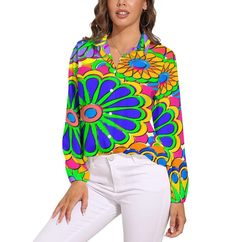 Bright Flower Power Blouse Retro Hippy Flowers Trendy Printed Blouses Female Long Sleeve Casual Shirts Spring Oversized Clothing