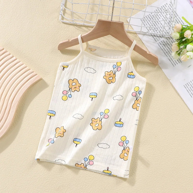 Sling+Shorts Suit Summer Girl's All Cotton Pajamas Infantil Cartoon Printed Sleeveless Home Clothes Fashion Cute Vest Two Piece