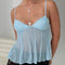 Women y2k Fairy Pleated Mesh Sheer Camisole Mini Bowknot Front Spaghetti Strap V-Neck Lace Cropped Tops Clubwear Streetwear