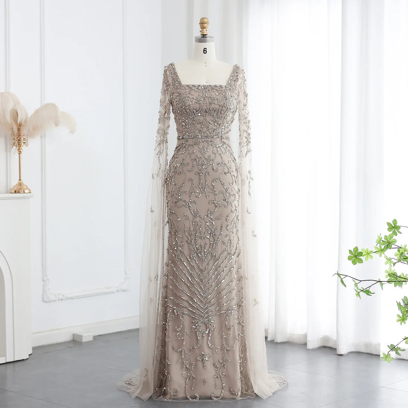 Sharon Said Luxury Arabic Turquoise Evening Dress with Cape Sleeves Sqaure Neck Dubai Women Wedding Party Gowns SS469 Customized