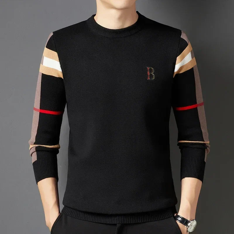 Autumn and Winter Men's Sweater Knitted Pullover New Soft Warm Striped Checker Round Neck Sweater Casual Fashion Men Clothing