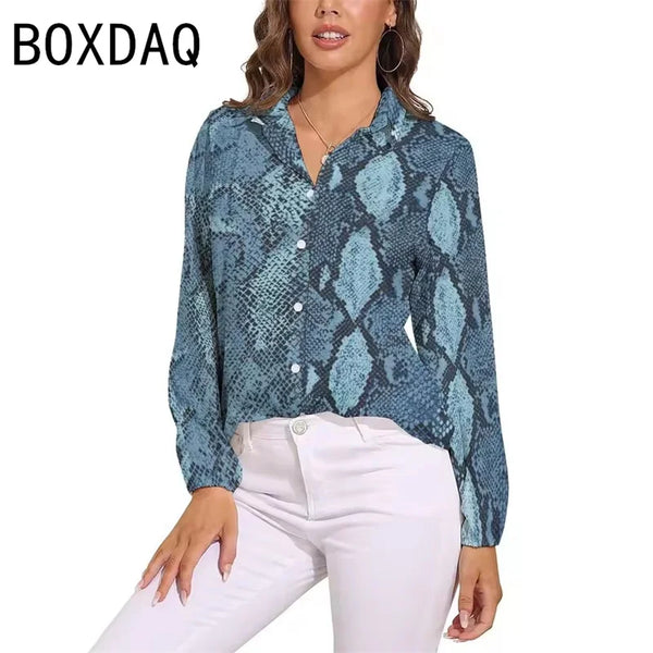 Blue Snakeskin Printed Vintage Blouse Oversize Women's Spring Summer Long Sleeve Lapel  Blouses Fashion OL Female Classic Shirt