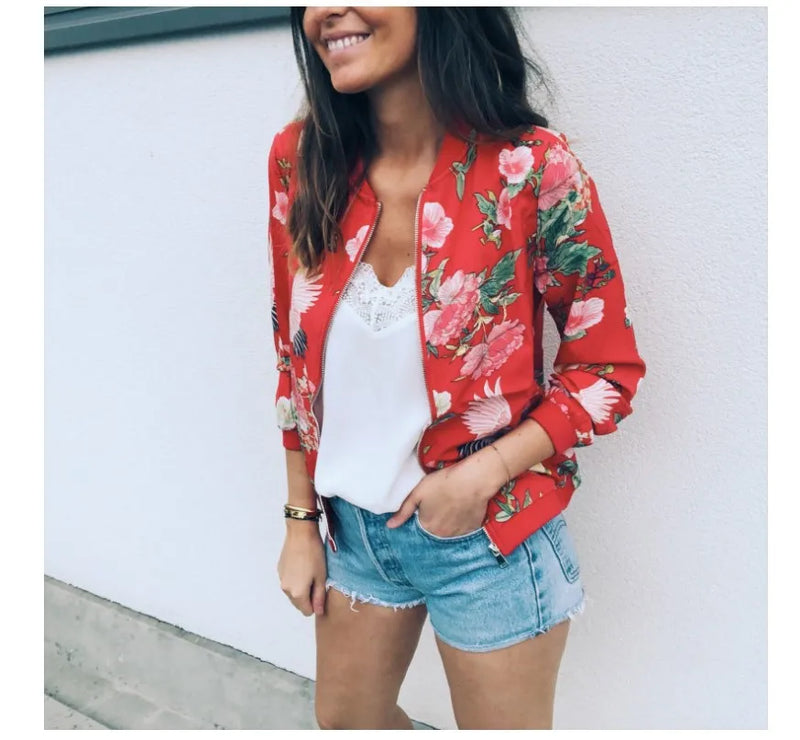 Women Floral Jackets Spring Summer Long Sleeve Zipper Print Bomber Jacket Casual Pocket Slim Female Fashion Outwears