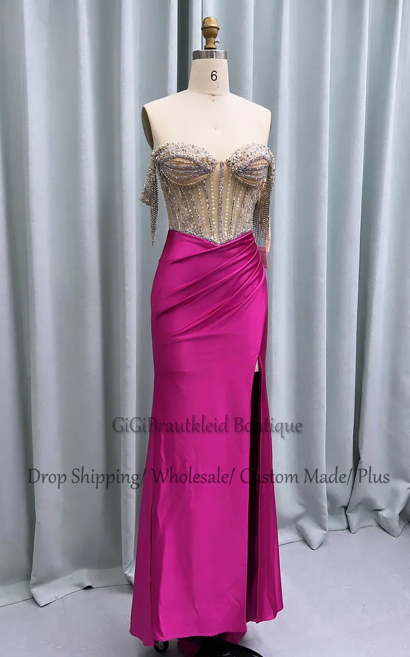 GiGiBraut Fancy Satin Prom Dress For Women Mermaid Pleated Slit Crystals Evening Gowns Vestido De Formatura Party Customised