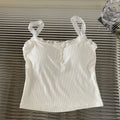 Summer Lace Strap Patchwork Camisole Women Solid Color Sleeveless Buttons Tank Top