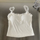 Summer Lace Strap Patchwork Camisole Women Solid Color Sleeveless Buttons Tank Top