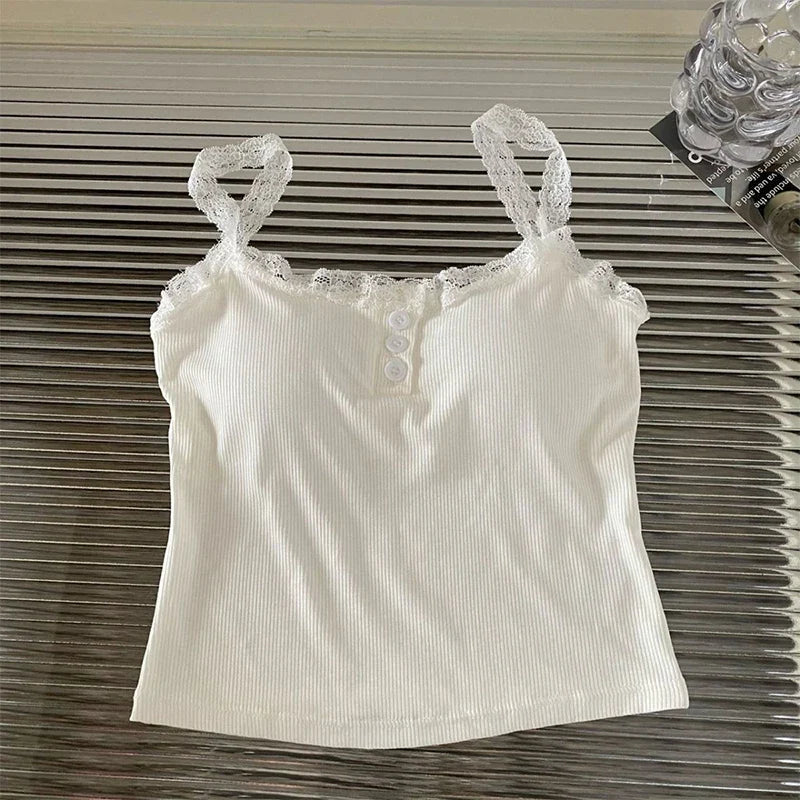 Summer Lace Strap Patchwork Camisole Women Solid Color Sleeveless Buttons Tank Top