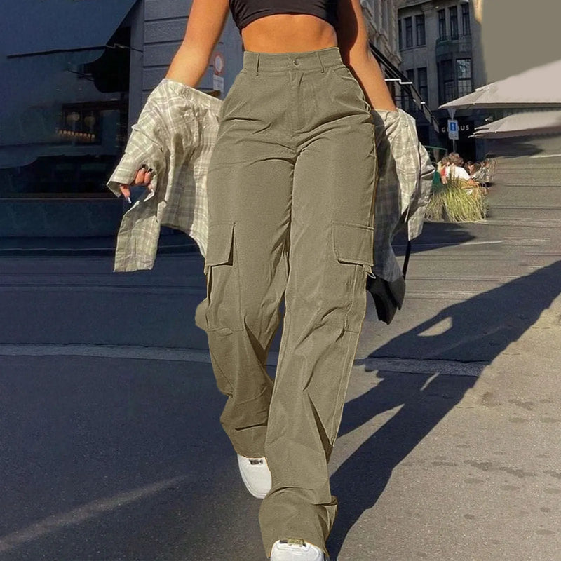 Women's Loose Cargo Pants High Waist Wide Leg Solid Color Full Length Trousers with Pockets Casual All Seasons Long Pants