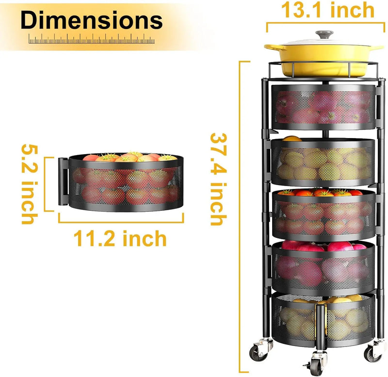 Fruit and Vegetable Basket Bowls for Kitchen with Metal Top Lid, 5 Tier Rotating Storage Rack Cart for Potato Onion Bread