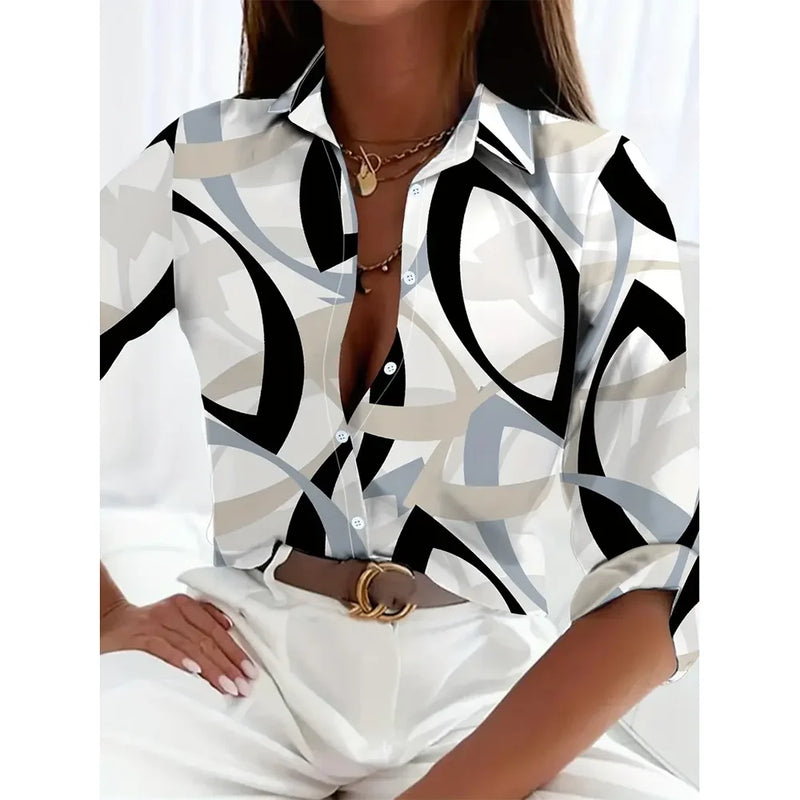 Women's Fashionable New Long-Sleeved Shirt 3d Stripe Print Single-Breasted Shirt Tops Autumn Comfortable Button Shirts Plus Size