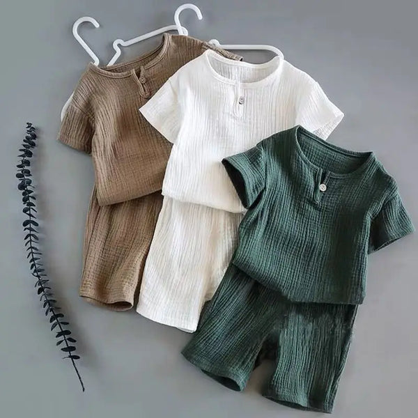 Summer Children's Clothing Set for 0-7Y Boys & Girls Cotton Linen Muslin Suit T-shirt Tops + Shorts 2pcs Baby Loungewear Outfit