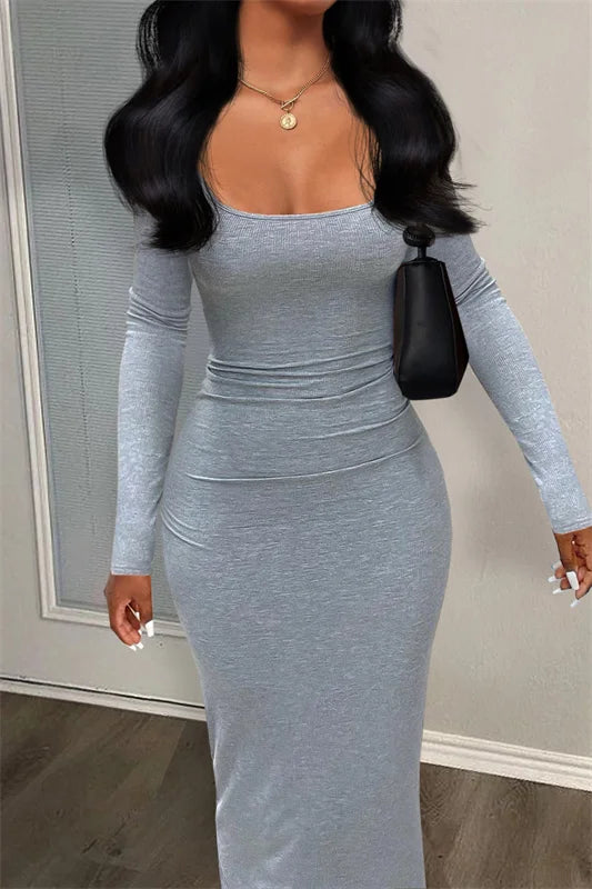 2024 Solid color elegant long party dresses long sleeve maxi ribbed bodycon dress sexy club spring dresses for girls