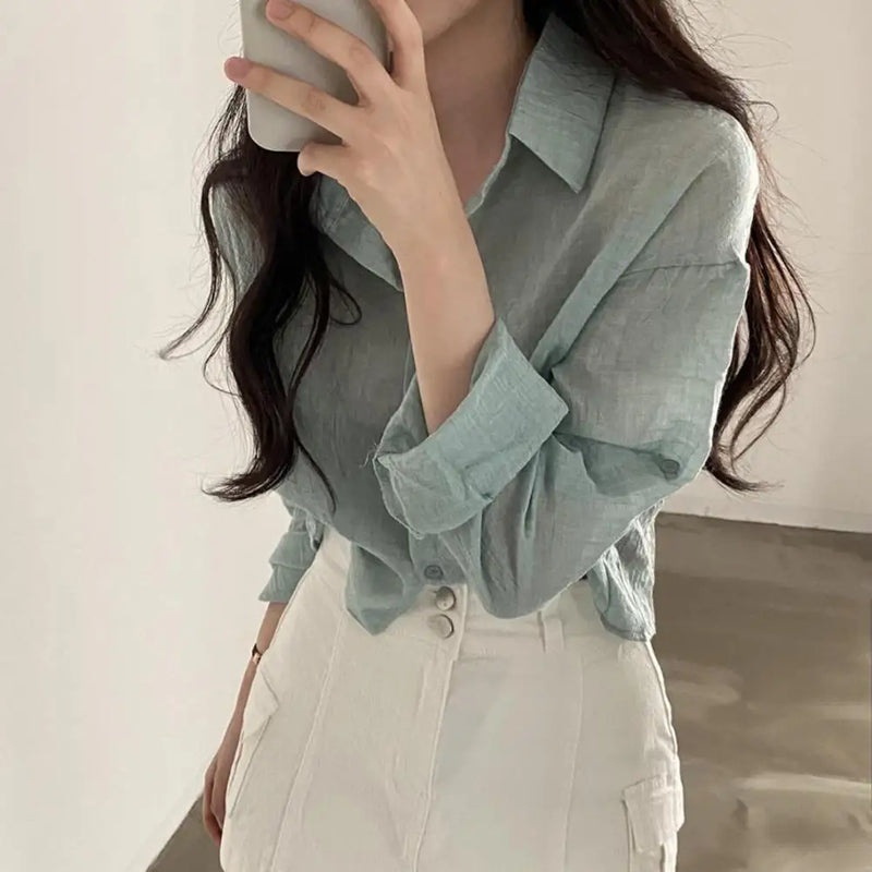 Women Shirt Turn Down Collar Cardigan Shirt Women Solid Color Sun Shirt