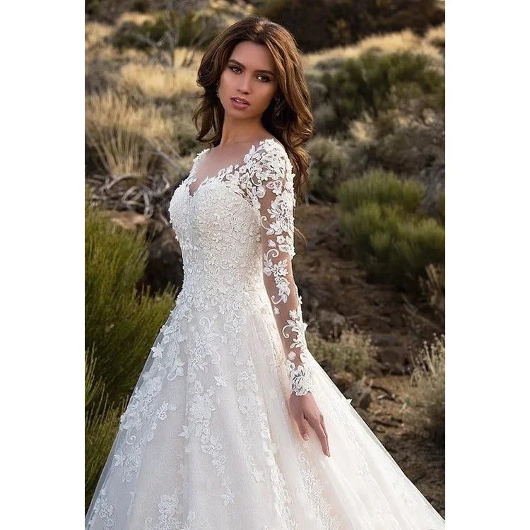 European American Style Women's White Dress Lace Embroidered Evening Dress 3/4 Sleeves Off-shoulder Bridal Gown Long
