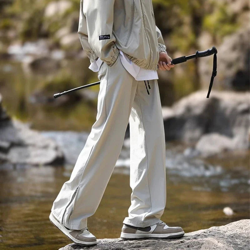 New Side Zipper Baggy Sweatpants For Men Autumn High Street Outdoor Straight Trousers Techwear Casual Drawstring Hiking Pants