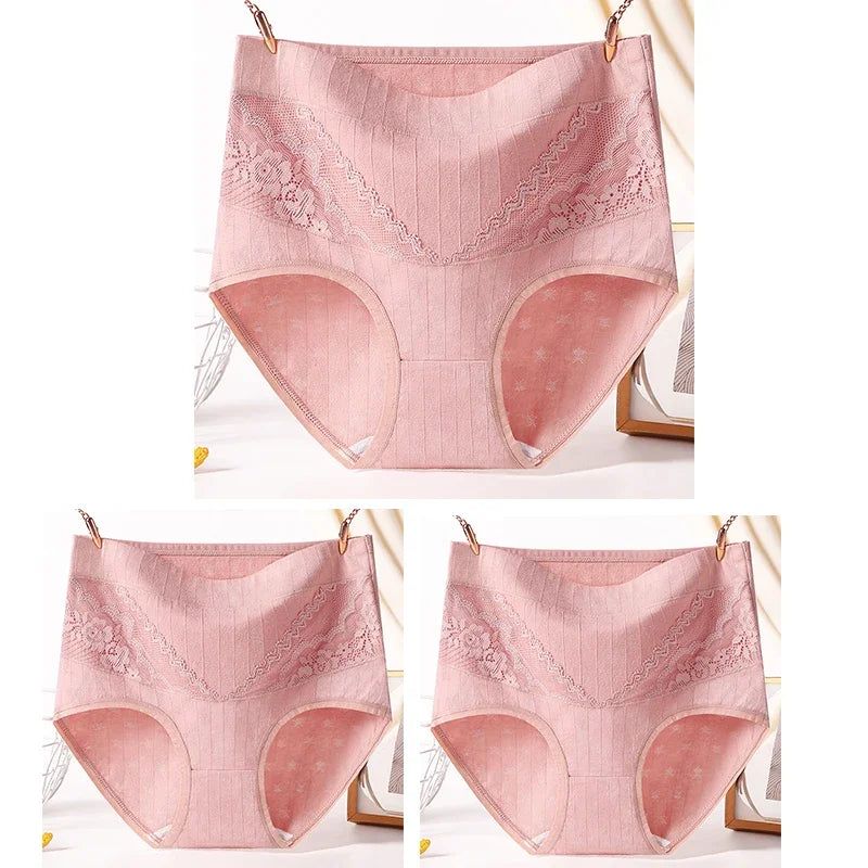 3pcs Cotton Women Panties Lady Plus Size Underwear Lace High Waist Briefs Breathable Solid Color Female Lingerie