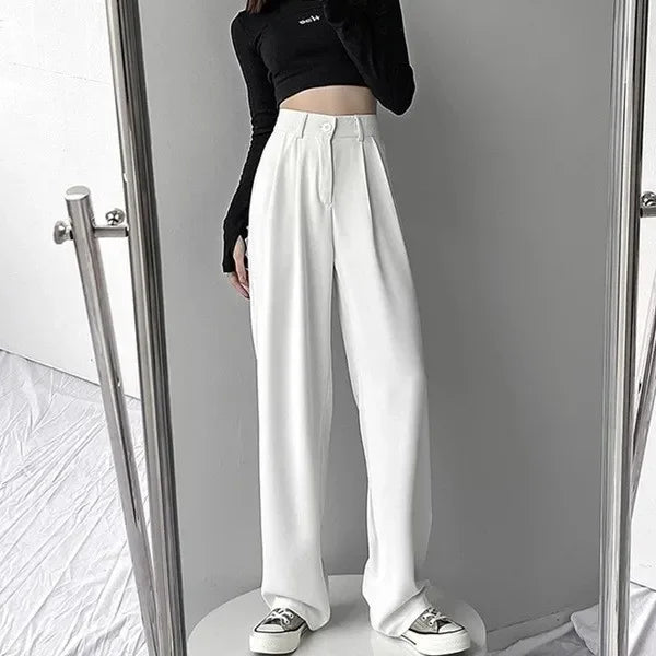 Women Suit Pant Korean Elastic High Waist Straight Pants Casual Loose Solid Simple Wide Leg Trousers Commuting Autumn Winter