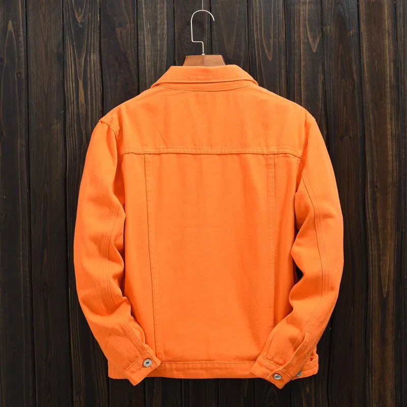 Trendy Men's Spring and Autumn Orange Orange Denim Jacket Men's Shoulder Down Hong Kong Style Oversized Loose Casual Jacket Top