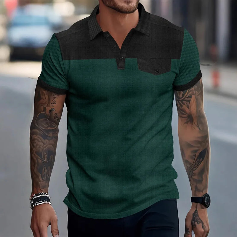 2025 new cross-border men's short-sleeved spliced waffle pocket POLO shirt lapel casual men's wear