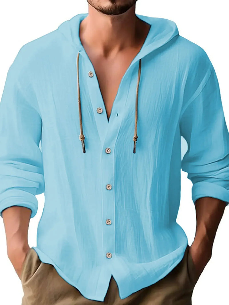 2024 New Spring and Summer Men's Hooded T-shirt Solid Color Cotton Linen Men's Casual Long Sleeved Top