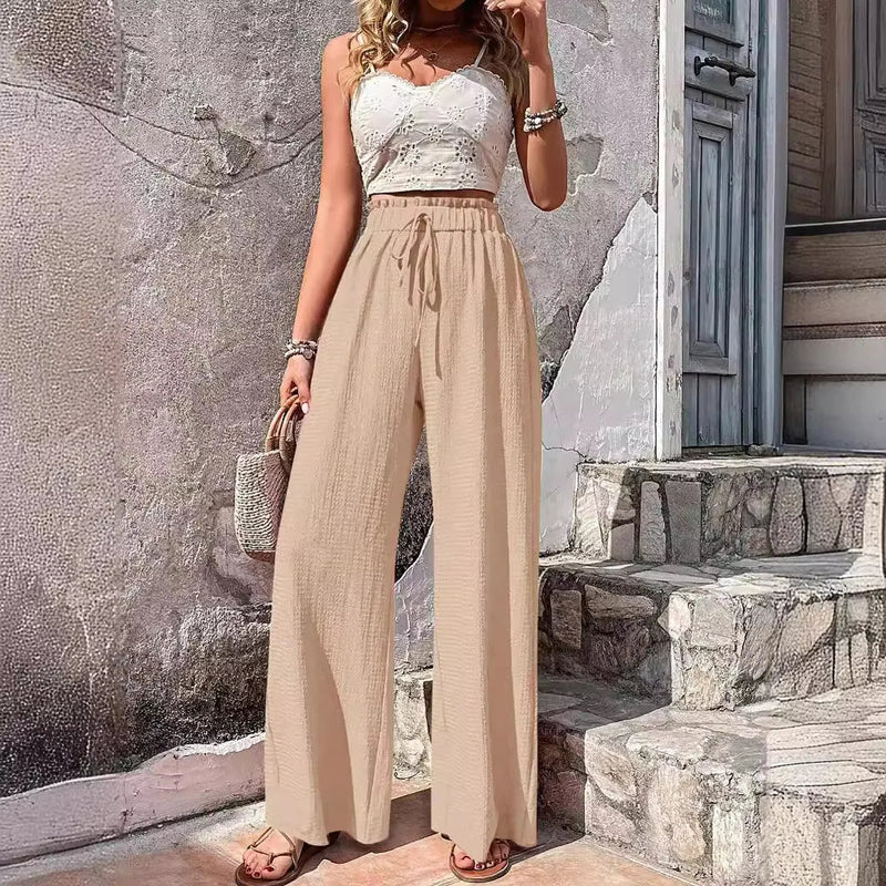 Women High Elastic Waist Wide Leg Pants Summer Casual Female Sand Beachwear Full Loose Trousers YLX-333