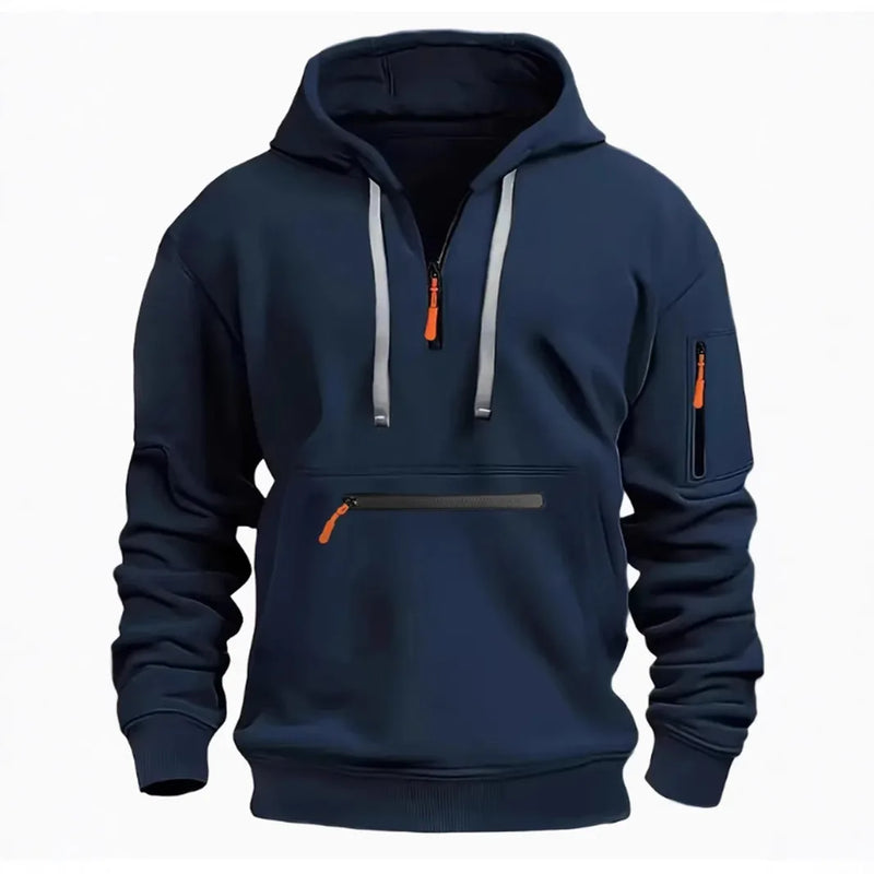 Men's hooded drawstring zipper pocket autumn and winter Hoodies fashion casual daily street solid color plus cashmere warm Tops