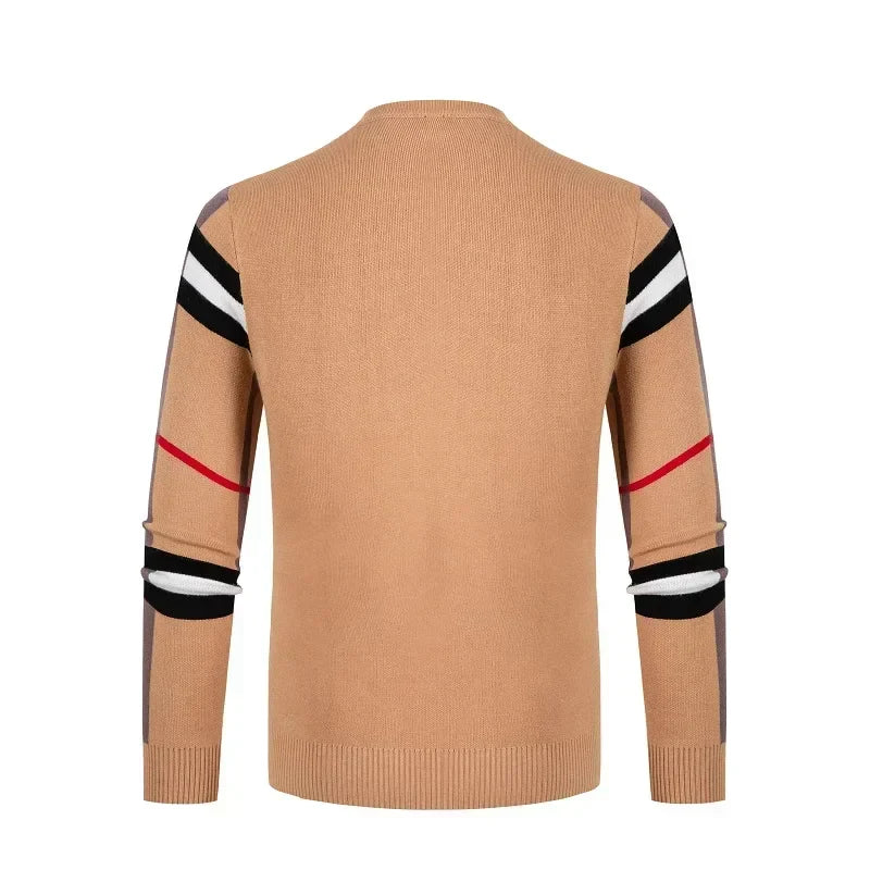 Autumn and Winter Men's Sweater Knitted Pullover New Soft Warm Striped Checker Round Neck Sweater Casual Fashion Men Clothing