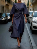 2025 Spring Summer New Women's Fashion Style Elegant Solid Color Waist Dress Casual Bat Sleeve Long Dress Vestidos Para Mujer