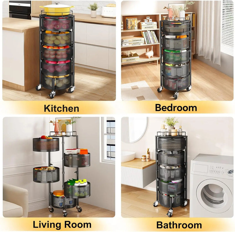 Fruit and Vegetable Basket Bowls for Kitchen with Metal Top Lid, 5 Tier Rotating Storage Rack Cart for Potato Onion Bread