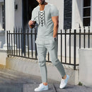 The new 2025 AliExpress Men's casual solid color Waffle rope short-sleeved summer casual pants suit