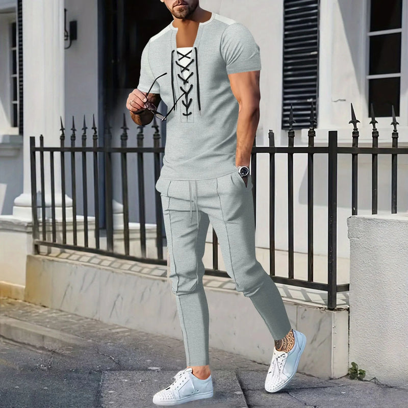 The new 2025 AliExpress Men's casual solid color Waffle rope short-sleeved summer casual pants suit