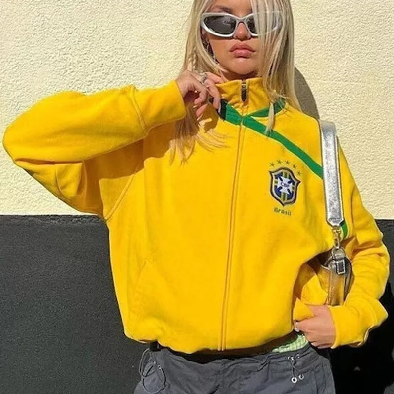 BRASIL Yellow Vintage Jackets Women's Oversized Harajuku Zipper Windbreaker Y2k Streetwear Loose Coats Autumn Trend Sweatshirts
