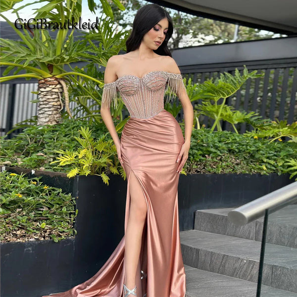 GiGiBraut Fancy Satin Prom Dress For Women Mermaid Pleated Slit Crystals Evening Gowns Vestido De Formatura Party Customised